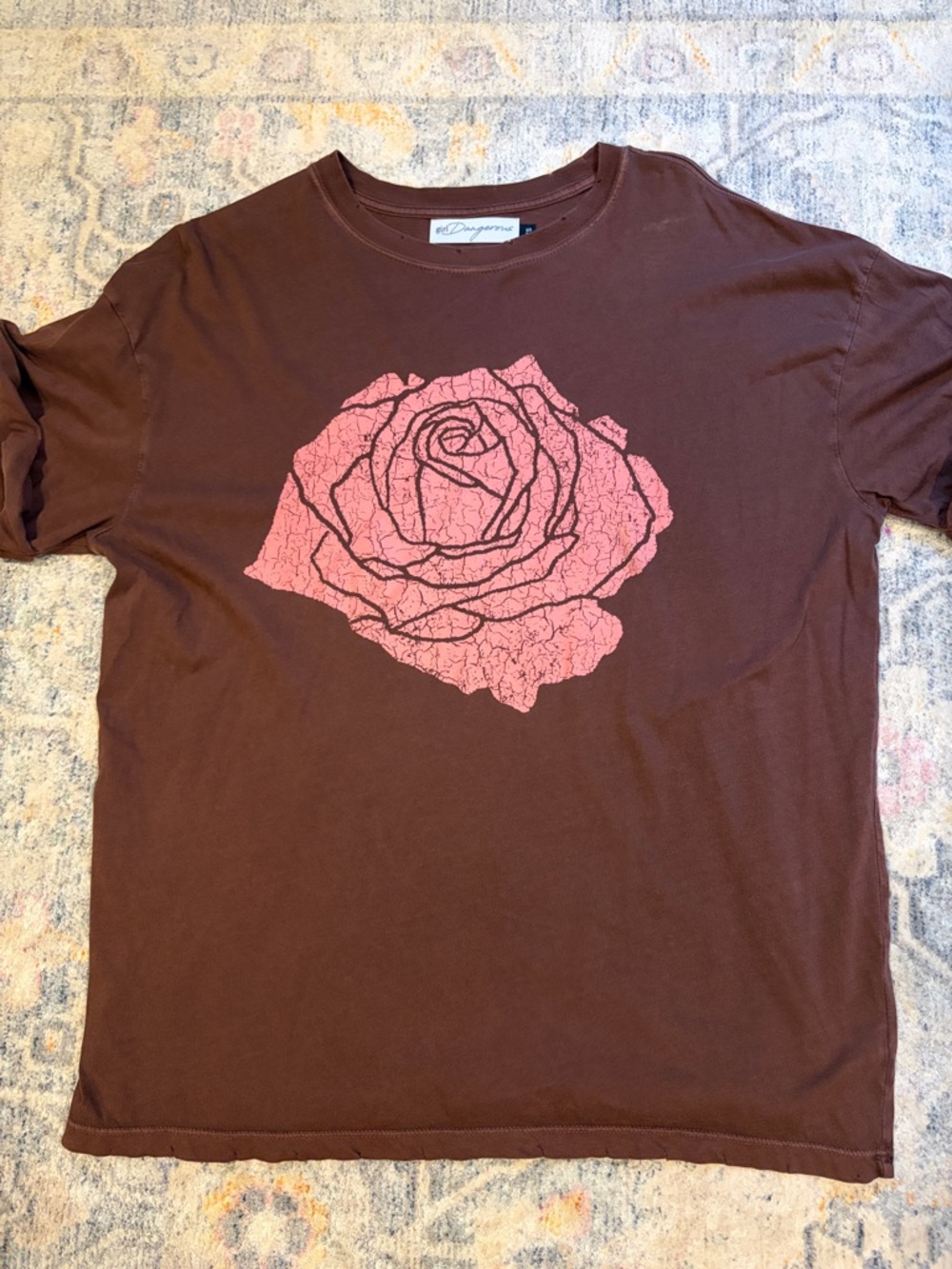 Free People Brown Tee with Pink Rose Graphic
